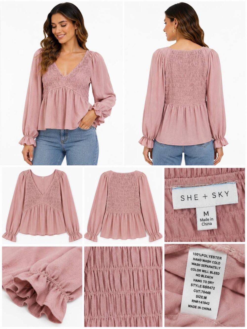She & Sky Blush Pink Smocked Long Sleeve Peplum Blouse Size M Feminine Boho